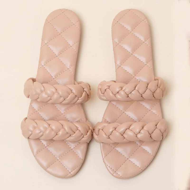 

Plaited double strap women slide sandals peep toe lady flats mules outer wear quilted female slippers for summer fashion