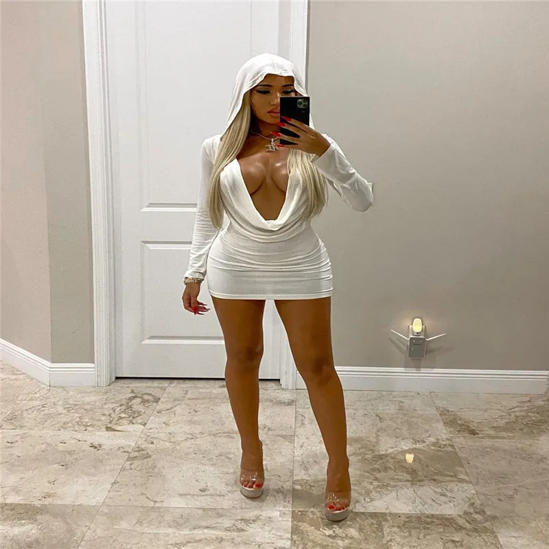 

Wholesale Sexy Hot Girl V Neck Hollow Out Hood Long Sleeve Bodycon Dresses Club Dress, Customized color