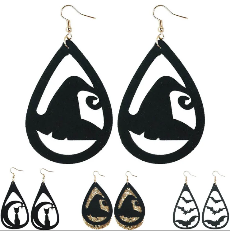 

Personalized Black Suede Cat Spider Witch Halloween Earrings, 2 colors