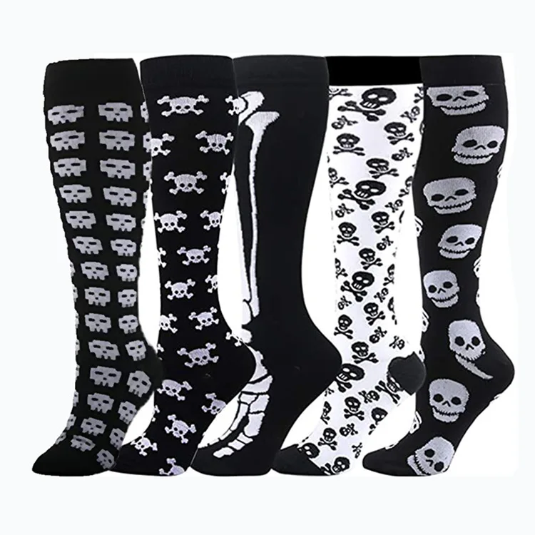 

New Design Cool Bone Pattern Black Long Elastic Compression Socks Mens Women Adult Street High Tube Sport Socks, Multiple colors