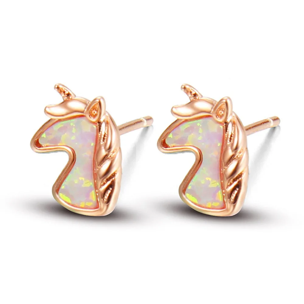 

New Unicorn Stud Earring Copper Created Opal Earrings Rose Gold Cute Unicorn Opal Stud Earrings For Women