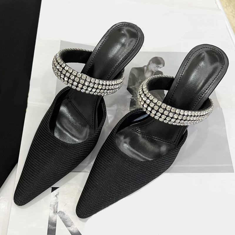 

Sexy Rhinestone Patent Leather Medium Heels Women Pointed Toe Shallow Slippers Elegant Dress Female Mules Shoes