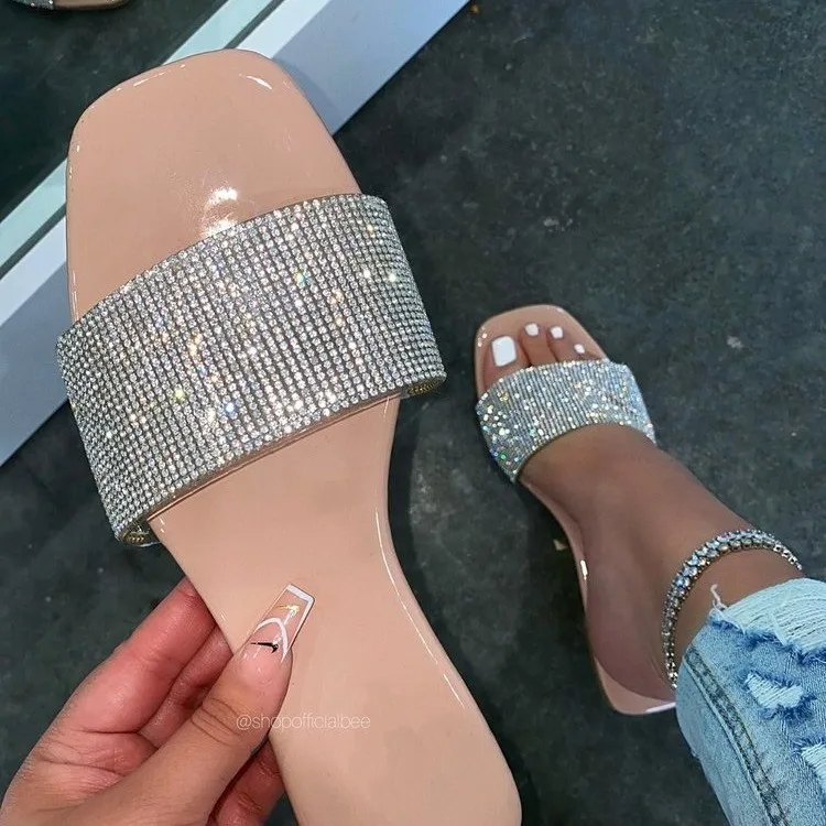 

New Style Wholesale-Slippers Summer Beach Flat Diamond Slippers For Women