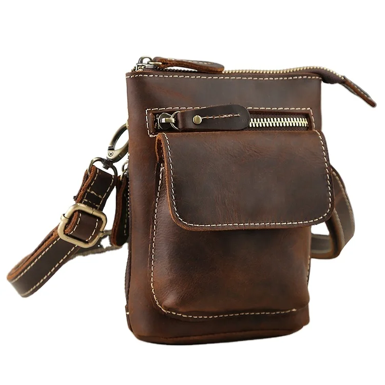 

TIDING Durable Genuine Leather Material Men Waist Bags Cross Body Leather Sling Waist Belt Bag, Dark brown