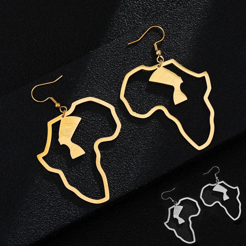 Fashion Custom Stainless Steel 18K Gold Africa Map Outline Heart Pendant Earrings for Men and Women Afro Wire Stud Earrings