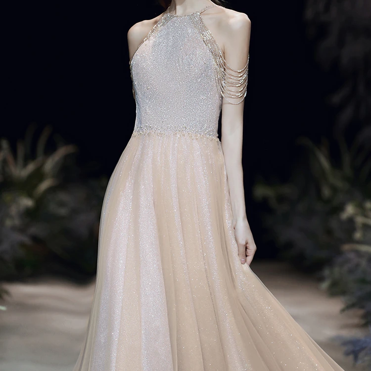 

Dress skirt banquet temperament 2020 new pink open back French long high-quality bride wedding toast clothing women, Picture color