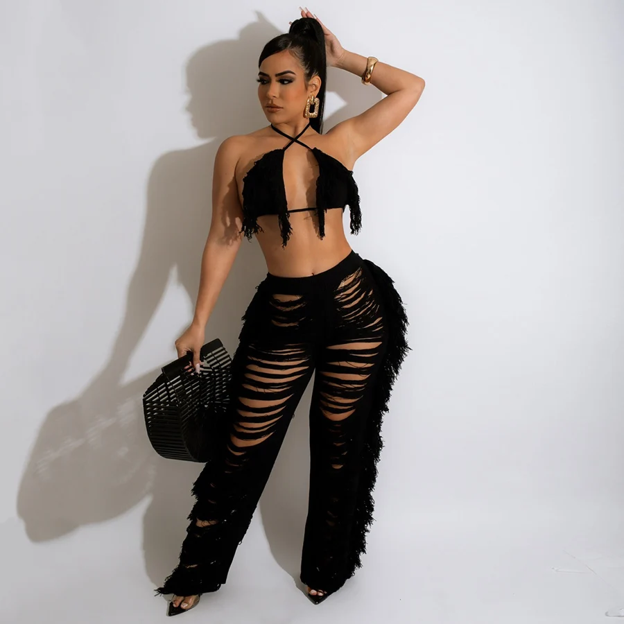 

W22L12688 Solid Knit Tassel Crop Top Deep V Neck Backless Sexy Women Midnight Tank Top