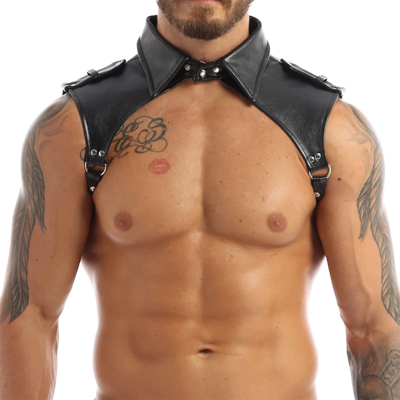 

iEFiEL Sexy Men Lingerie Faux Leather Gay Bondage Costume Body Chest Harness Lapel Chest Strap with Press Buttons