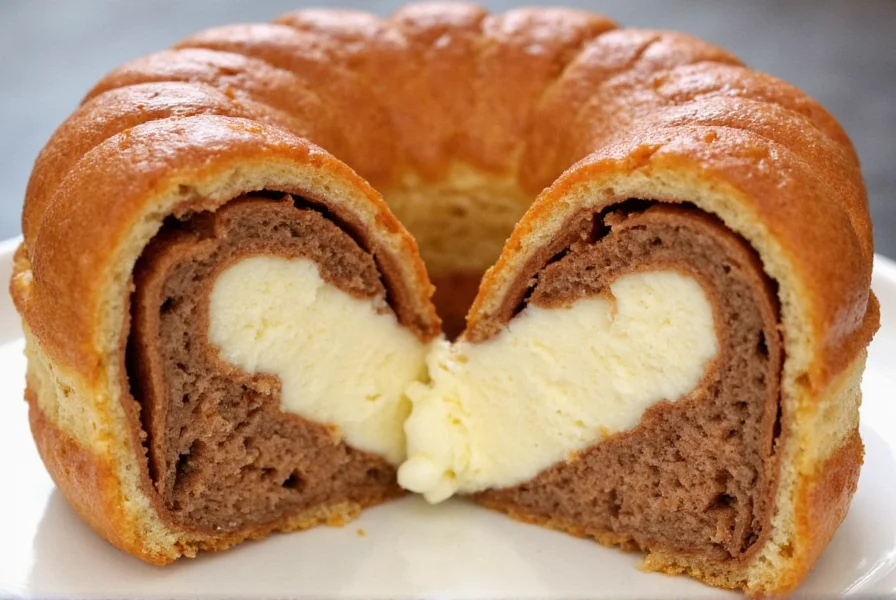 Cross-section of cheesecake-stuffed cinnamon ring showing creamy filling between cinnamon layers