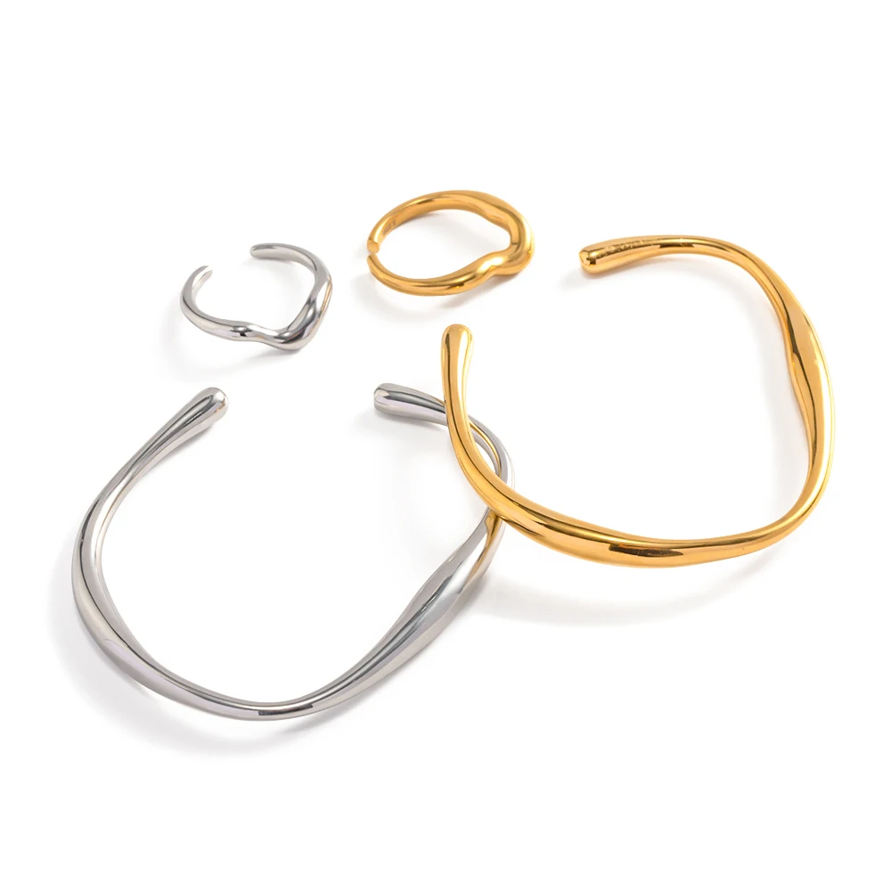 

18k Gold Silver Plated Stainless Steel Irregular Bangles And Rings Stocking Style Waviness Shape For Ladies