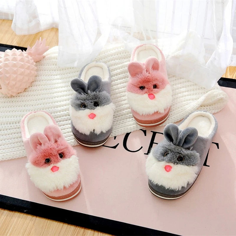 

women Winter Slippers Furry Rabbit Ears Plush slippers home slippers Indoor slides Ladies Soft Comfort Faux Fur Slipper, Different colors and support to customized