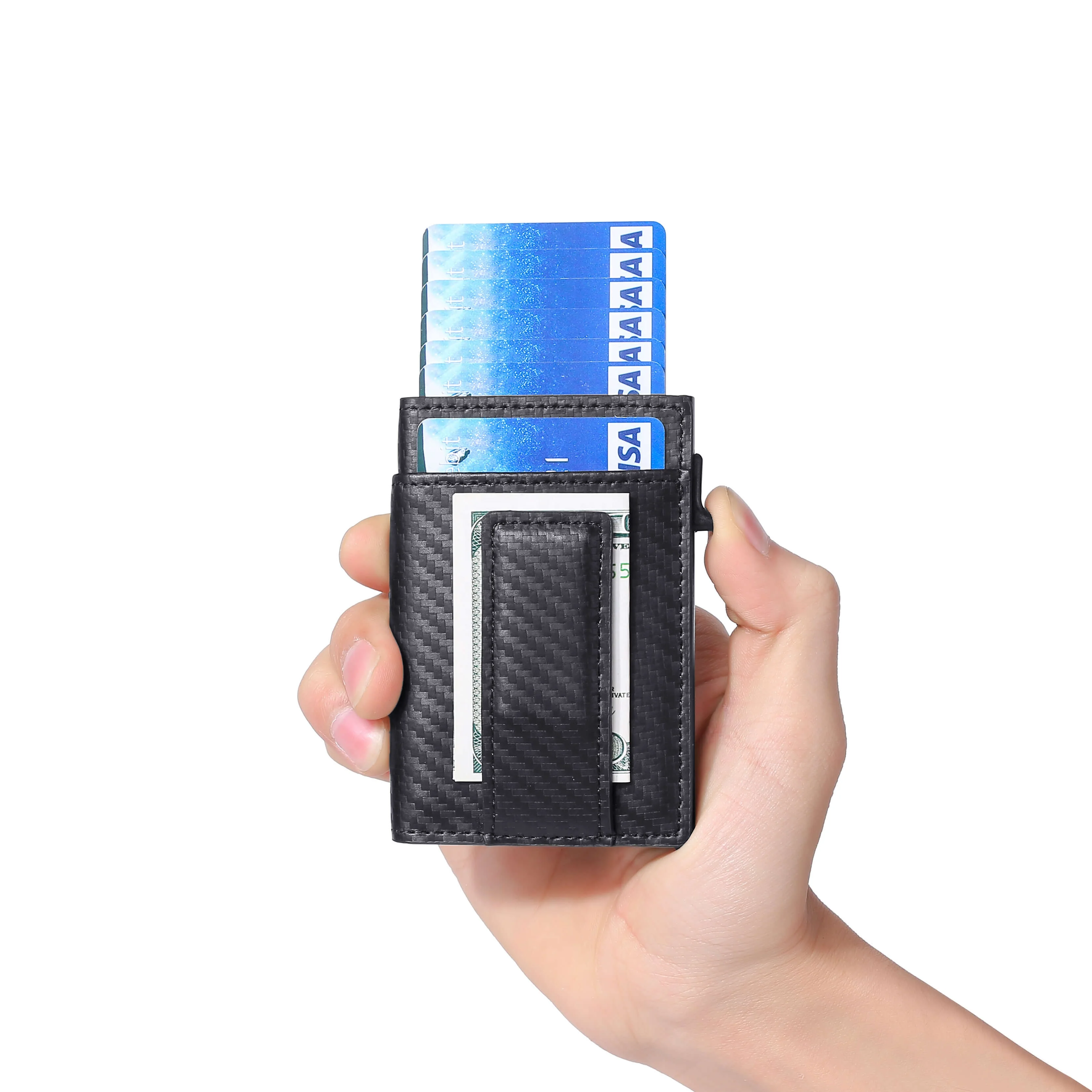 

Factory Price Newly-developed RFID Blocking Slim Wallet Credit Card Case with Magnetic Cash Clip RFID Card Holder Pop-up Wallet