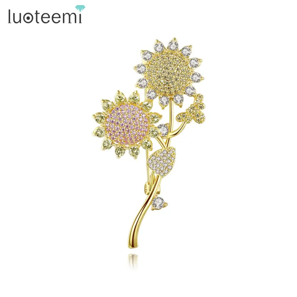 

LUOTEEMI Elegant Flower Rotatable Brooch Sun Flower Colorful CZ Brooch Pins for Women