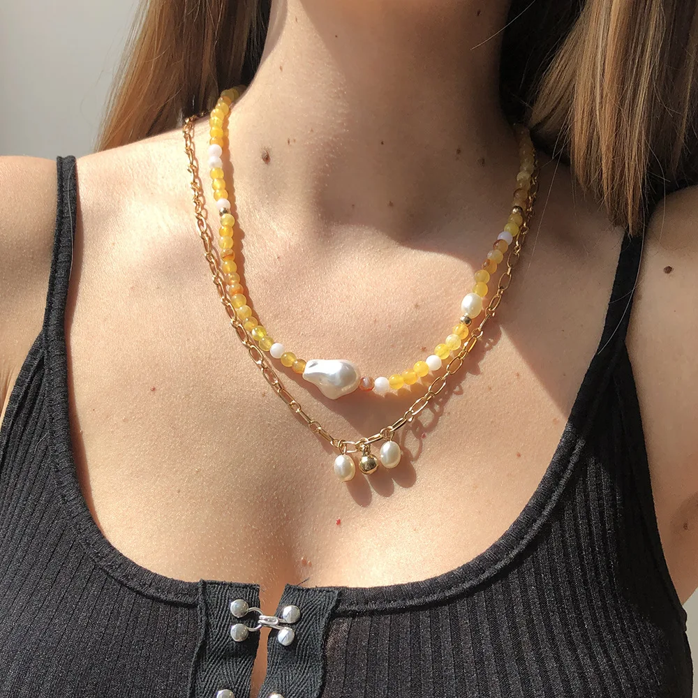 

2021 Sailing Jewelry Bohemian Double Layer Pearl Beaded Necklace Sweet Ornaments Geometric Curb Chain Beaded Necklace