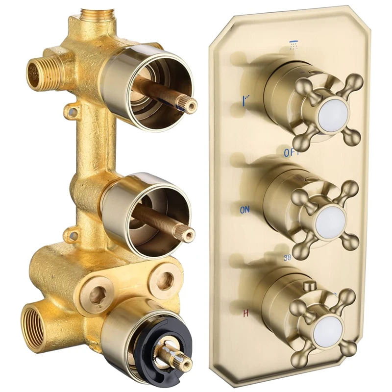 

Brushed Gold Solid Brass 3 Way Thermostatic Shower Diverter Mixing Valve Trim Kit 3 Handles Shower Mixer Valve