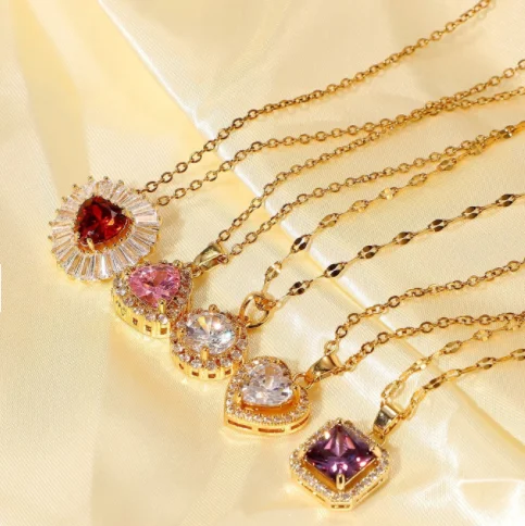

Colorful Waterproof 18k Pvd Gold Plated Red Cubic Zircon Necklace Stainless Steel Square Zircon Pendant Necklace For Women, Gold/silver/rose gold