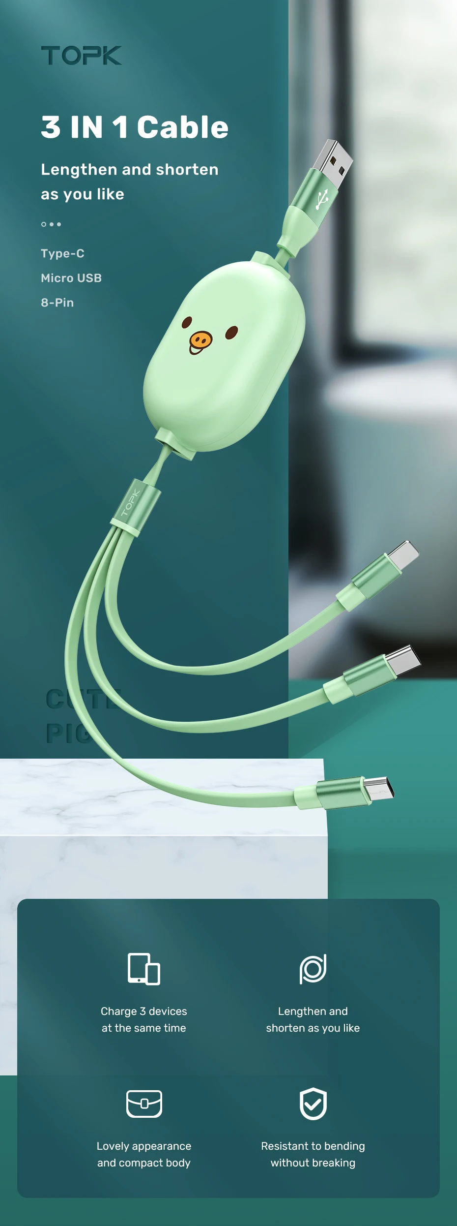 TOPK AN25 Cute Pig 1M 2.4A Micro USB Type C 3 in 1 USB Cable - ANKUX.COM