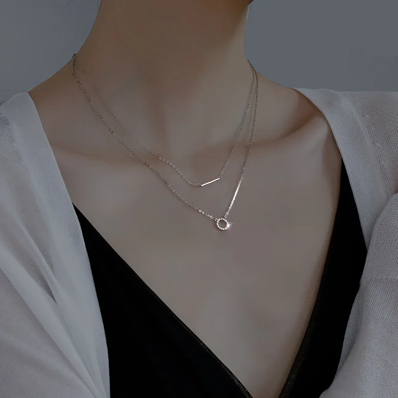 

925 Sterling Silver Rose Gold Double Layers Necklace Simple Circle Pendant Crystal S925 Sterling Silver Choker Necklace