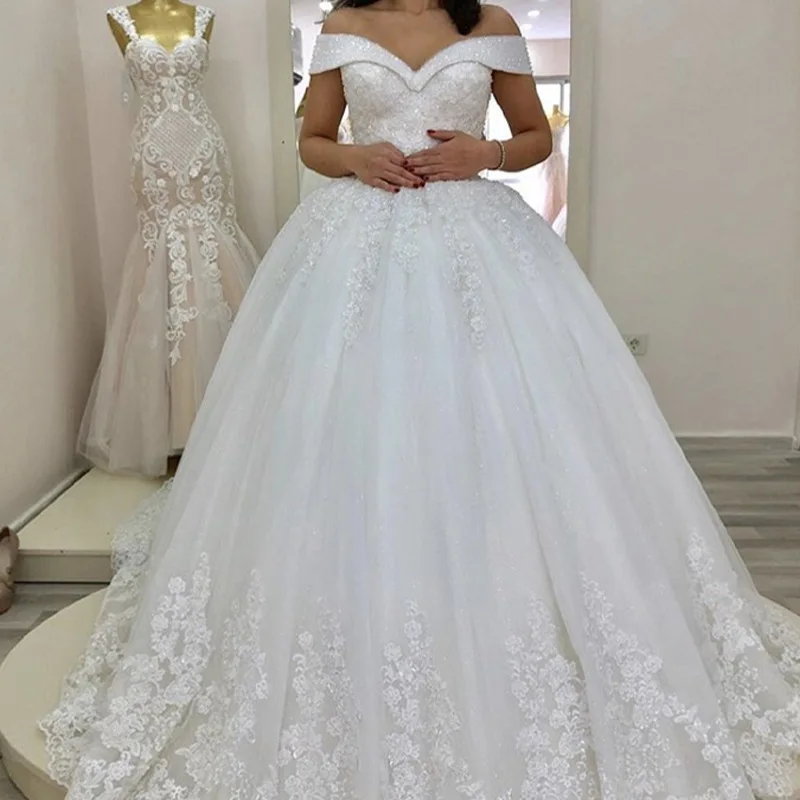 

Customize Plus Size 2021 Princess Off Shoulder Applique Lace Bride Dress Wedding Gown, Ivory lace bridal wedding dress