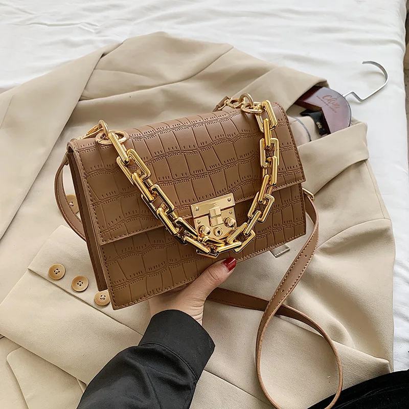 

2021 Messenger Bag Retro Crocodile Pattern Small Square Bag Chain Simplicity All-match Winter Ladies Bags Women Shoulder, White, khaki, black