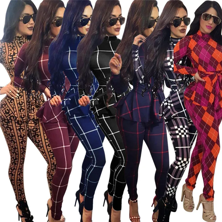 

New Promotion Casual Women Plaid Romper Tight Long Sleeve Belt Jumpsuit, Customized color