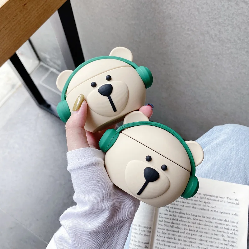 

3D Cute Cartoon Music Bear Silicone Protective Cover Wireless Earphone Funda Case for Airpods 1 2 Pro