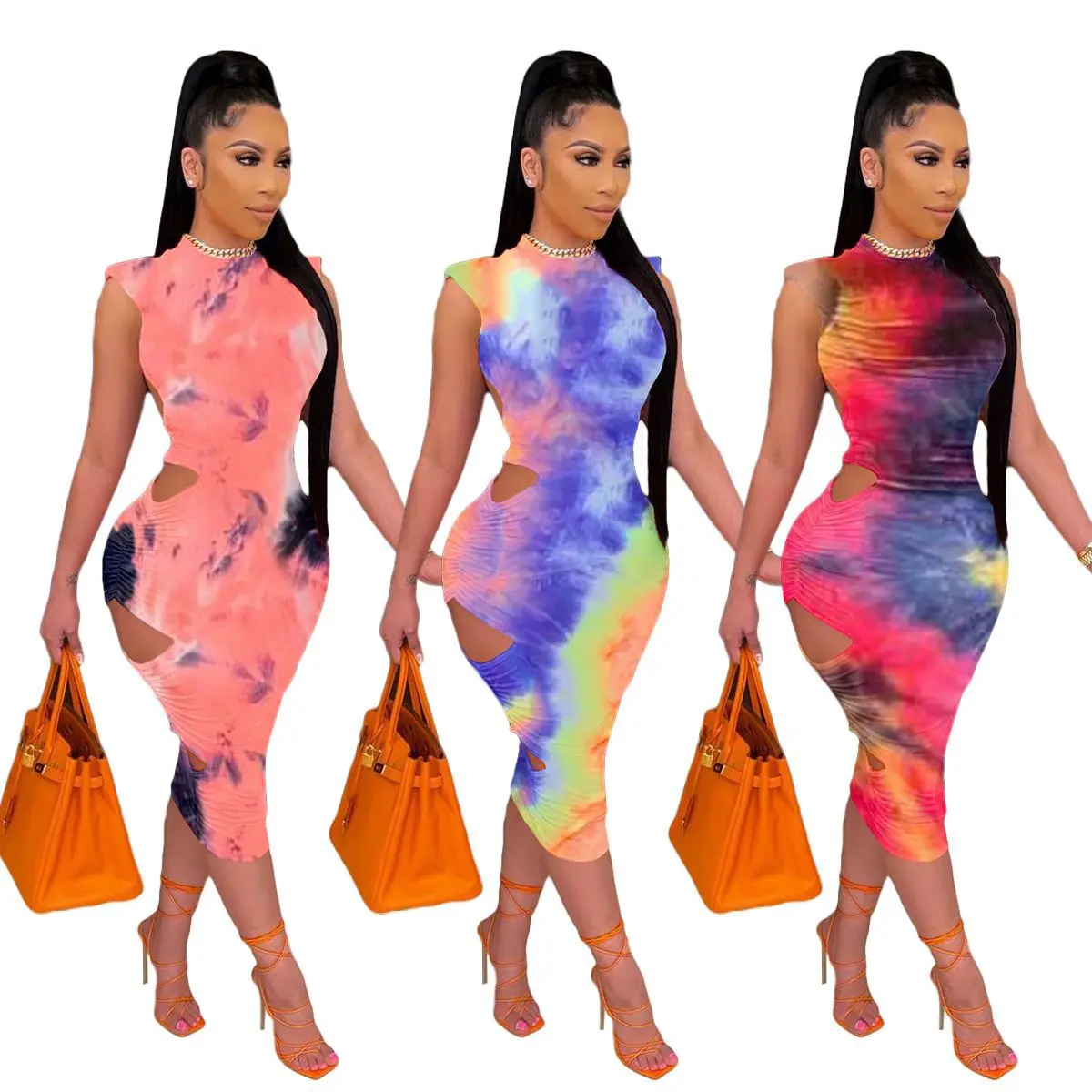 

YM5011 European and American women's clothing sexy hollow tie-dye dress