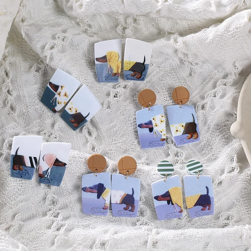 

JUHU 2020 Summer Fashion Hot Sale Geometric Printing Resin Rectangle Cute Dog Pattern Acrylic Women's Earrings, Colorful