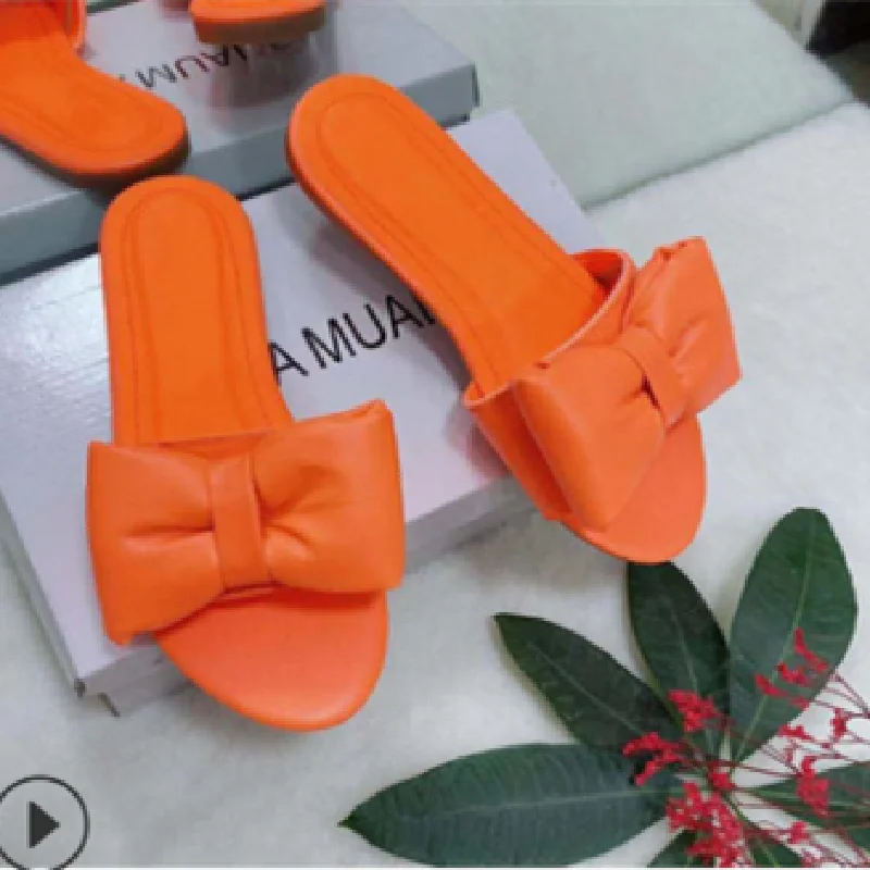 

2021 fashion trend Comfortable house female shoes women's flat bowknot slippers, Orange,black,brown