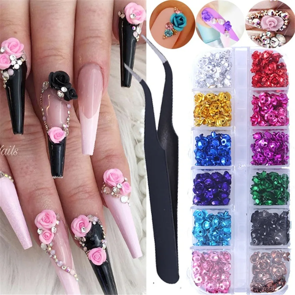 

120/240Pcs Rose 3D Flower Art Supplies Acrylic Flowers for Accessoires Nails Decorations Manicure with Nail Tweezers
