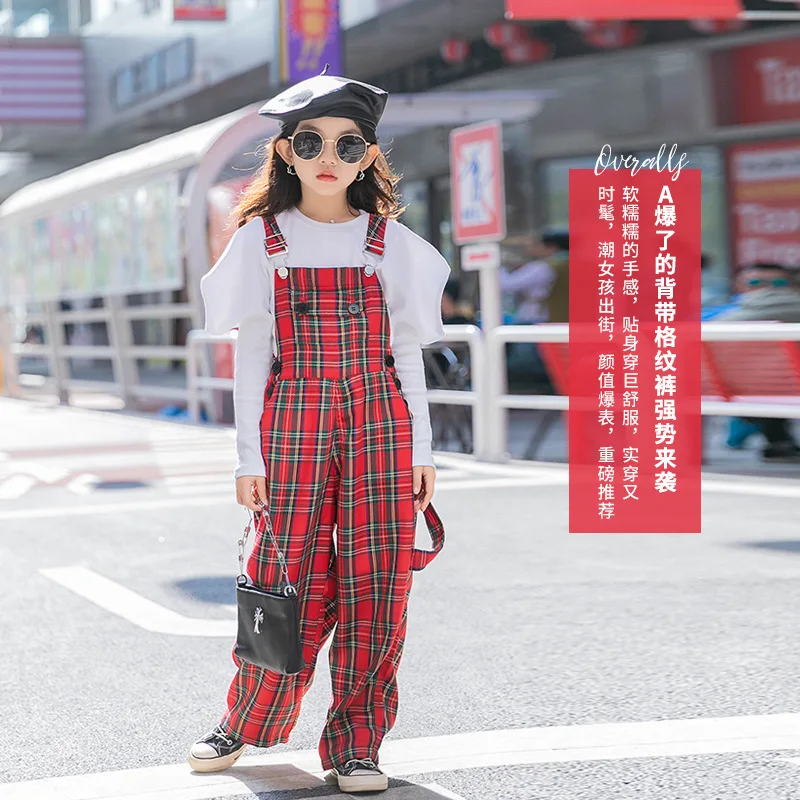 

2021 New Fashion Children Girl Red Plaid Overalls Casual Pants Big Girl Spring Jumper Trousers 4-14 Years, As photos