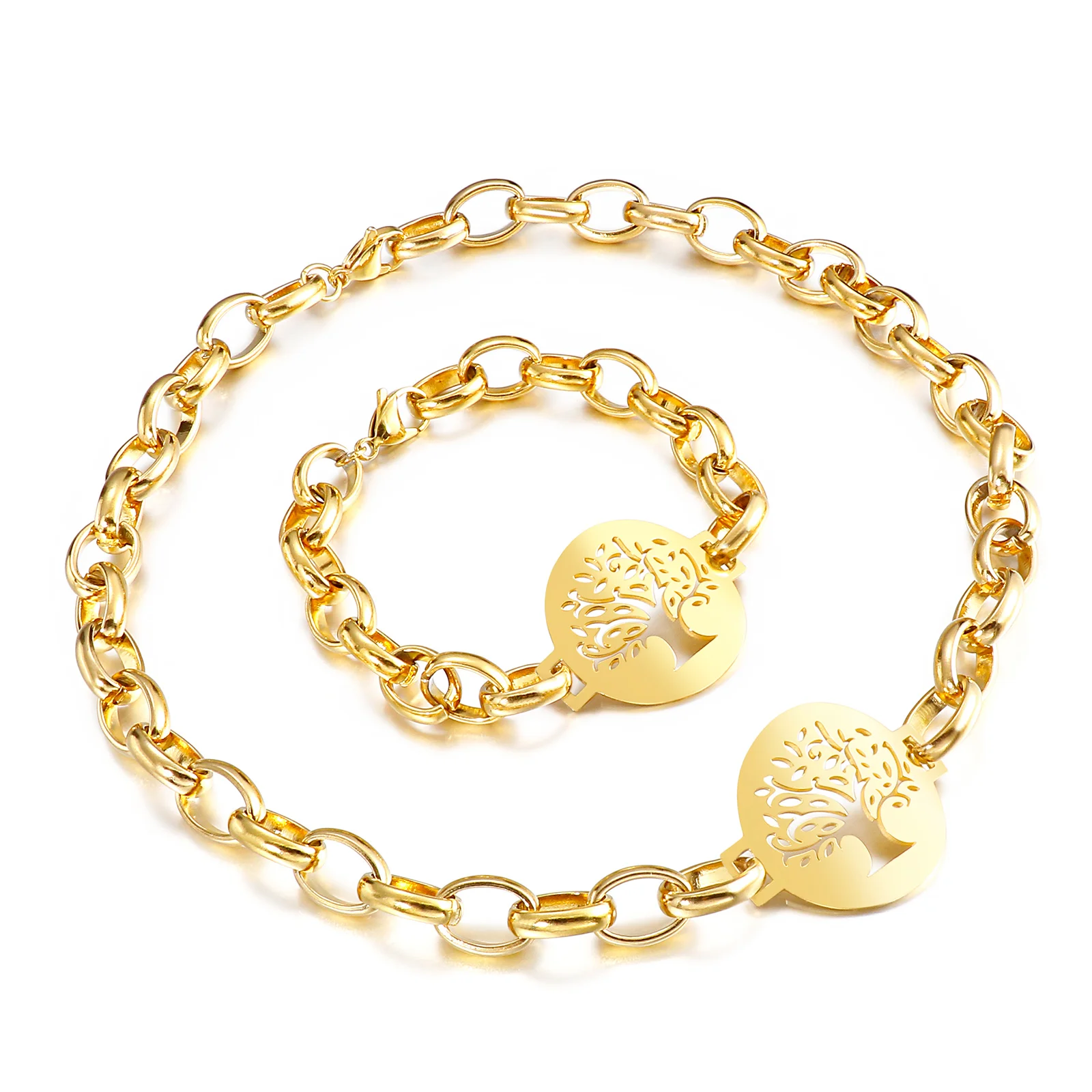 

Fashion tree pendant set stainless steel bracelet necklace women's jewelry set, Steel/gold