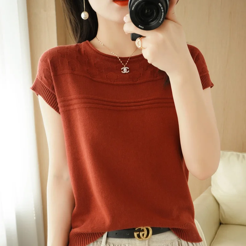 

2021 Spring and summer round collar knitting cotton T-shirt render short sleeve