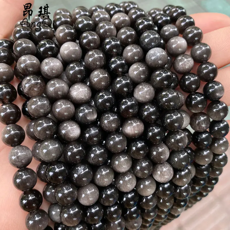 

Wholesale Natural Black Silver Obsidian Beads 8mm 10mm Round Loose Gemstone Beads For Jewelry Making, Silver as picture
