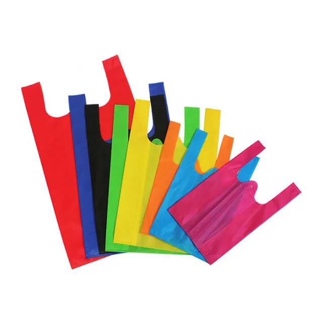 

Wholesale Portable Supermarket Grocery Promotion Reusable W cut Heat Seal Polypropylene non woven vest bag, Customized color