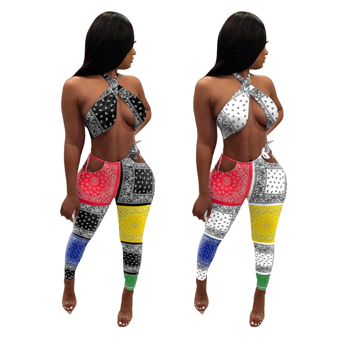 

Trending products 2021 new arrivals retro ethnic print halter backless cut-out strappy leggings two piece sexy pants set, Show