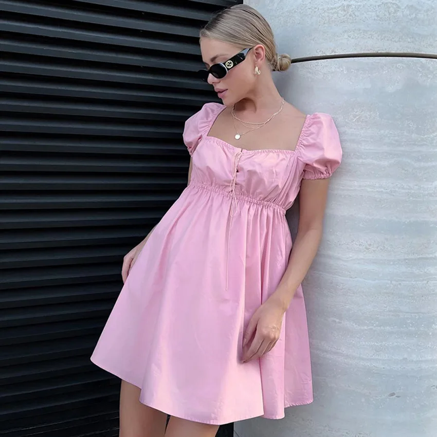 

2022 Summer Short Sleeve Women's Square Collar Hollow Bow Short Dress Fashion Casual Cotton Puff Sleeve Dress, Customized color