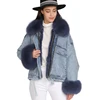 Wholesale Detachable Natural Rex Rabbit Fur Liner and Fox Fur Collar Jacket Jeans Ladies Women Winter Real Fur Denim Jacket
