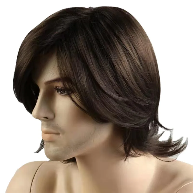 

Wig For Men Europe New Short Toupee Side Part Brown Handsome Short Straight Hair Synthetic Wig, Picture color