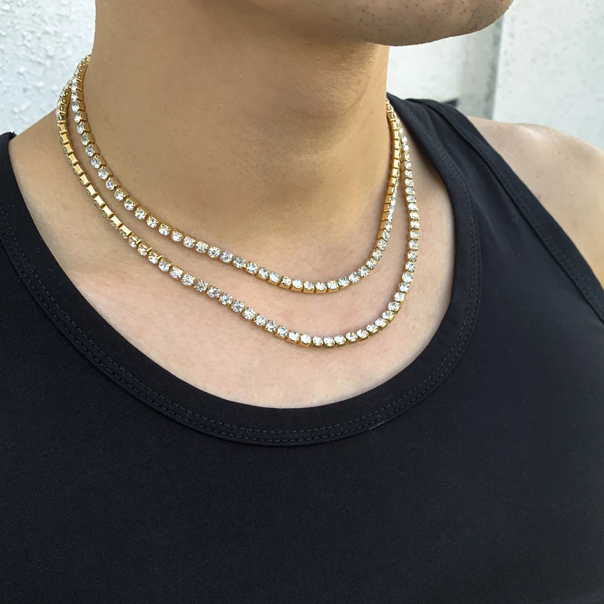 

SHIXIN Classic Bling Rhinestone Crystal Necklace 2 Layer Shiny Tennis Necklace Hip Hop Gold Silver Chain Necklace for Men Women