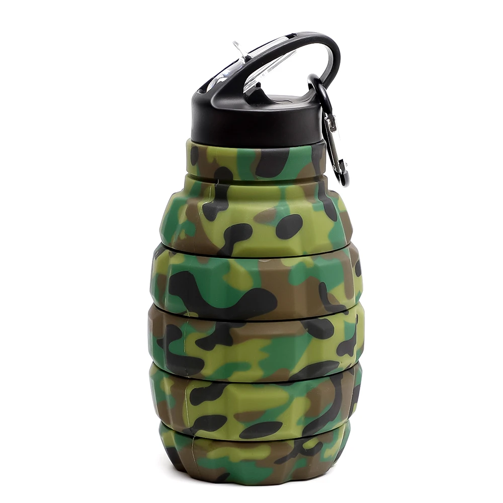 

Army Green Camouflage Collapsible Foldable 580Ml Grenade Shape Silicone Water Bottle, Customized color acceptable