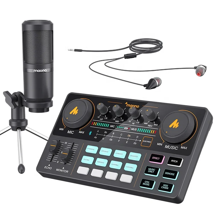 

MAONO Voice Changer Musical Mixer Instrument Mixer with Sound Cards and Podcast Microphone External Sound Card, Black