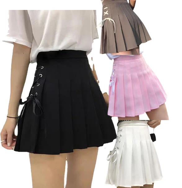 

Ecowalson Women Pleated Skirt Summer Solid A Line High Waist Mini Skirts Harajuku Gothic Punk Hip Hop Bow Lace-Up Preppy Girls