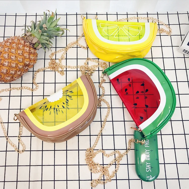

UCHOME Wholesale Factory Price Shoulder Chain cute fruit pvc Transparent hand beach watermelon shape bag handbag, Yellow,red,green