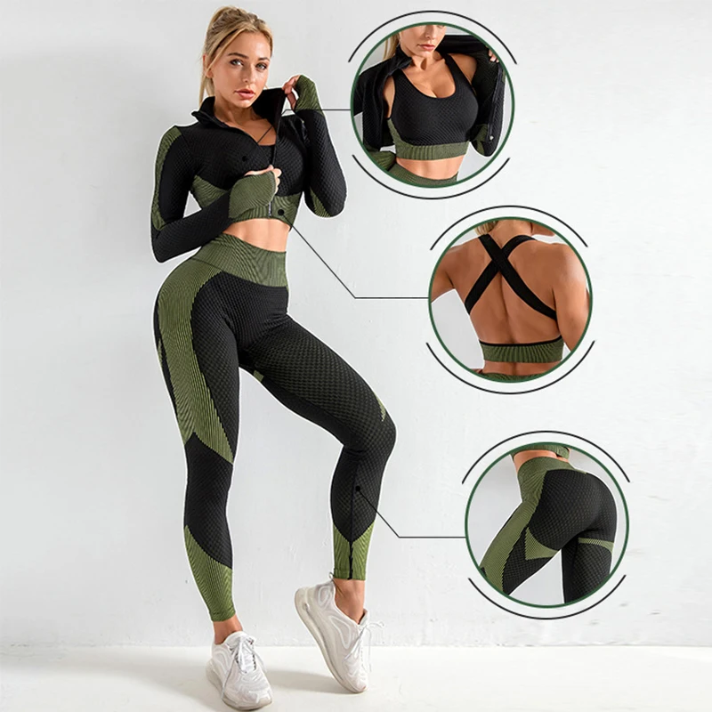 Yoga Crop Top Yoga Jackets Sports Bras for Fitness Leggings Gym Wear Women Sets Sportswear 3 Piece Set Women Apparel