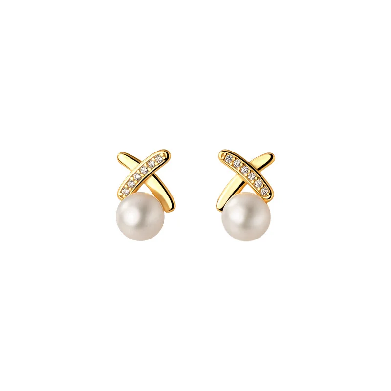Fashion Jewelry 925 Sterling Silver Earrings Crossed Line Pearl Diamond Zircon Gold Plated Stud Earrings for Women
