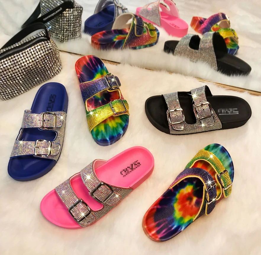 

2021 New Fashion Summer Shoes Colorful Double Knots Rhinestone Sandal Luxury Outside Beach Slipper for Women