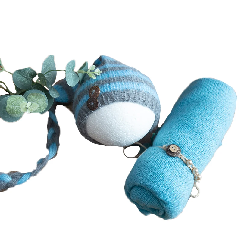 

Newborn Knit Wrap Bonnet Set Vintage Baby Stretch Knit Wrap Hat Headband Photography Prop Layering Fabric Swaddling Blanket