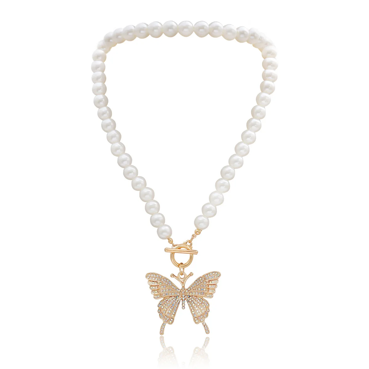 

2020 Fashion Statement Baroque Pearl Bead Chain Butterfly Necklace Full Crystal Butterfly Pendant Necklace For Girls