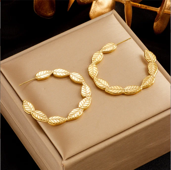 

Stainless Steel Gold Color Leaf Leaves hoop Earrings For Women New Design Girls C-Shape Ear Needle Jewelry Gifts